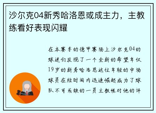 沙尔克04新秀哈洛恩或成主力，主教练看好表现闪耀