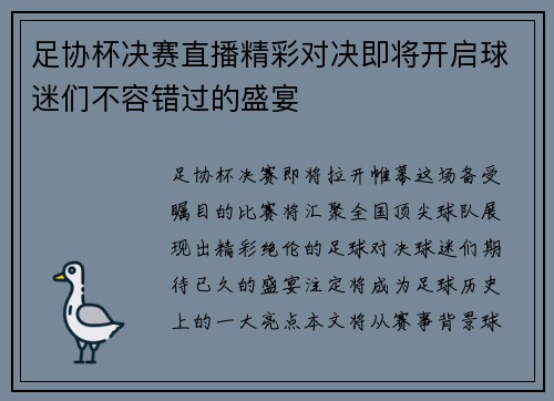 足协杯决赛直播精彩对决即将开启球迷们不容错过的盛宴