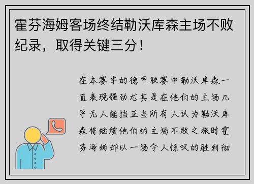 霍芬海姆客场终结勒沃库森主场不败纪录，取得关键三分！